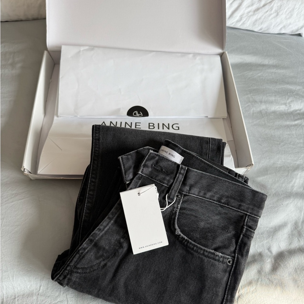 Anine Bing Raw Hem Straight Leg Denim- Charcoal